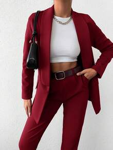SHEIN Cottnline Blazer And Pants Set With Lapel  Collar And Double Breasted Design - Burgundy - View 3