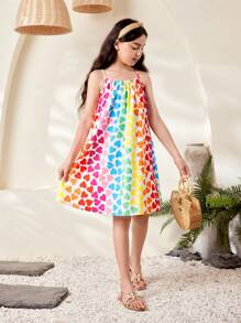Holiday,Summer,TravelTween Girl Heart Print Casual Strap Dress - Multicolor - View 4
