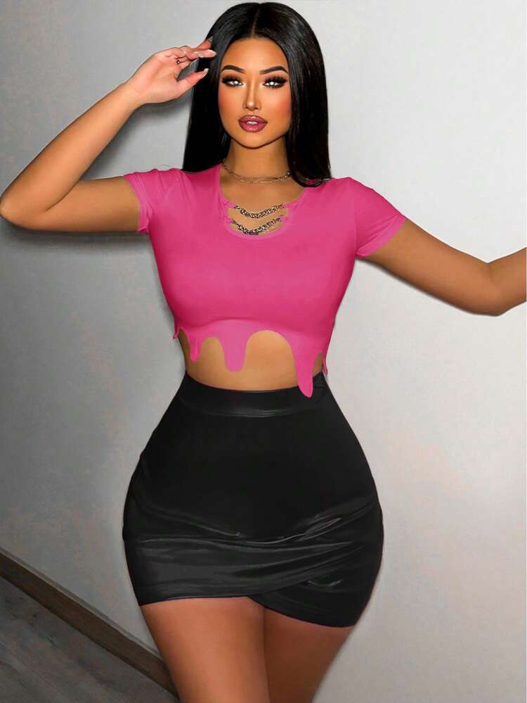 Women's Summer Solid Color Short Sleeve T-Shirt With Notched Neckline And Asymmetrical Hemline