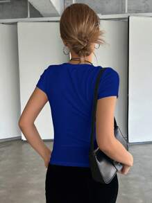 DAZY Women's Summer Solid Color Scoop Neck Short Sleeve Slim Fit Casual T-Shirt Going Out Tops - Royal Blue - View 2