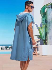 Manfinity Men's Fashionable Loose Button-Up Hooded Cardigan Beach Cover-Up