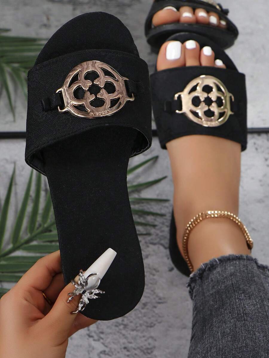 Women's Black Flat Sandals With Floral Open Toe And Slip-Resistant Sole, Suitable For Outdoor And Indoor Use