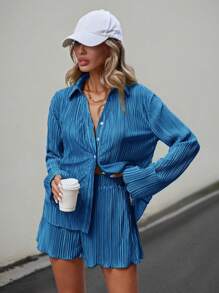 SHEIN Essnce Women's Solid Color Drop Shoulder Long Sleeve Pleated Shirt And Shorts Casual 2pcs/Set For Spring/Summer
