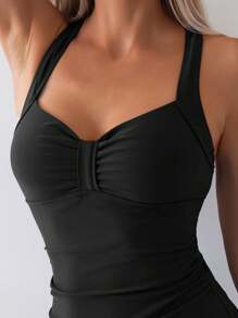 Swim Basics 女士度假沙灘無肩帶連體泳衣，後綁帶設計，實色和褶皺細節 - 黑色 - 查看 4