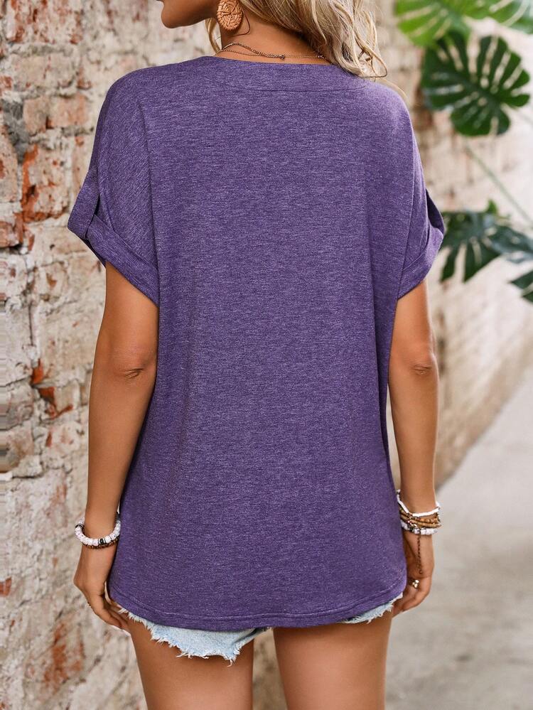 Women's Summer Solid Color Notched V-Neck Batwing Short Sleeve Casual T-Shirt