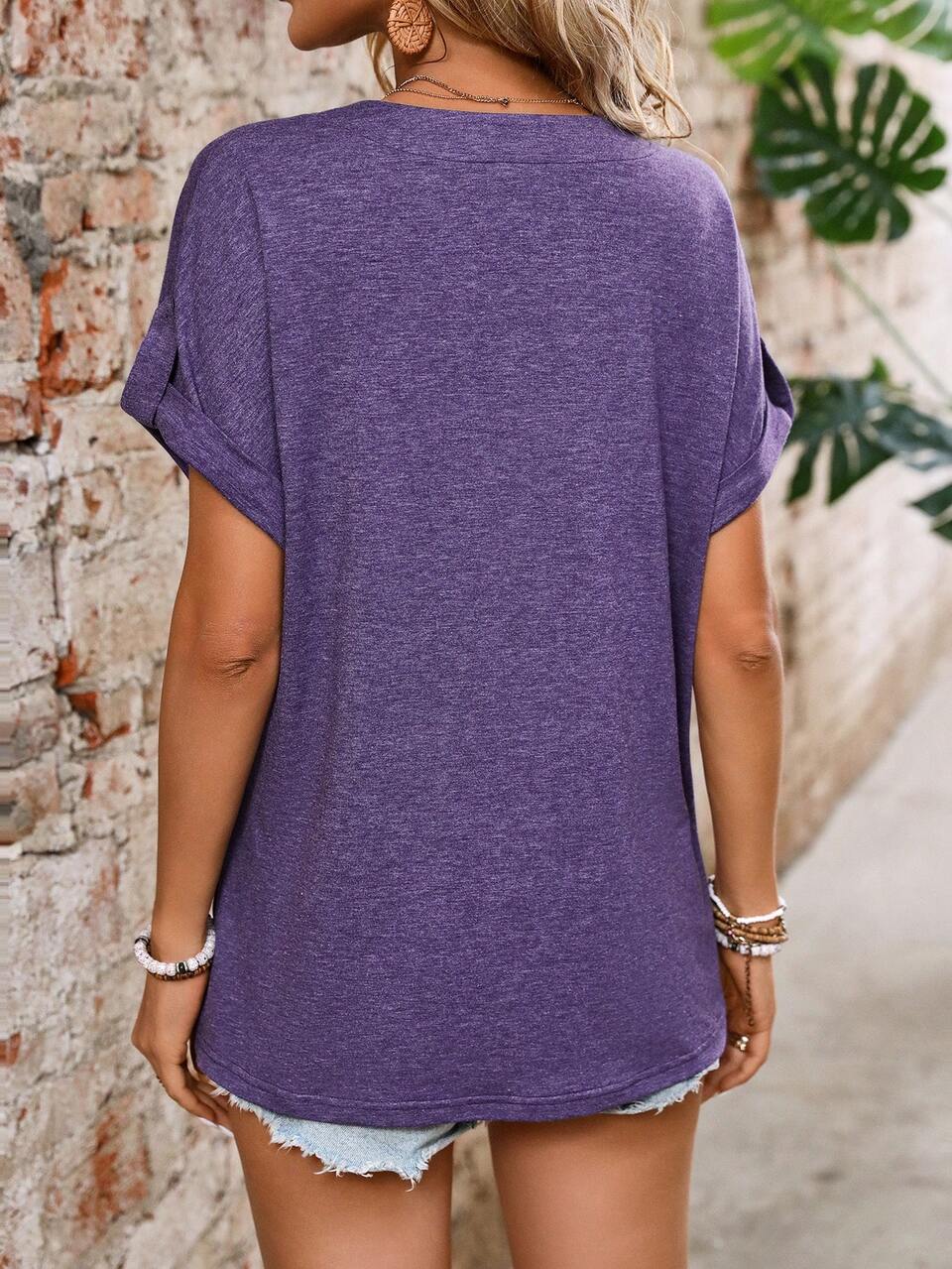 Women's Summer Solid Color Notched V-Neck Batwing Short Sleeve Casual T-Shirt