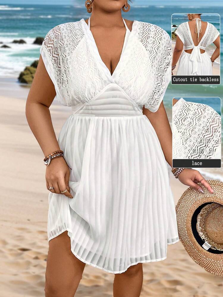 Plus Size Ladies Solid Color Minimalist Hollow Out Design Pleated Dress