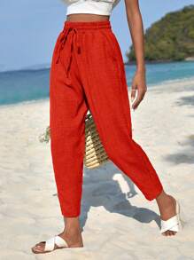 EURMUSE Drawstring Waist Slant Pocket Cropped Trousers - Orange - View 4