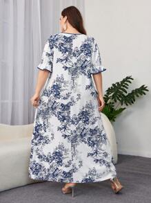 Al Najma Plus Size Summer Elegant Plant Printed Ruffle Sleeve Long Dress - Multicolor - View 2