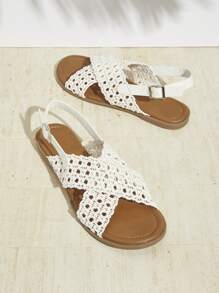 SHUZIA Women's Cross Strap White Woven Sandals - Comfortable, Versatile, Classic Elegance