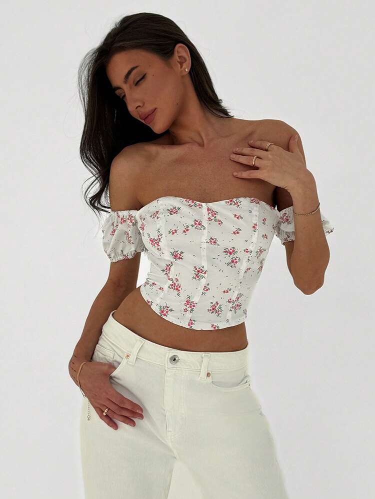 Women's Sweetheart Off-Shoulder Puff Sleeve Ditsy Floral Cropped Corset Top For Summer Romantic Dating