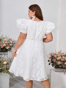 SHEIN Belle Plus Size Organza Burnt Flower Fabric Princess Bubble Sleeve Grab Pleated Deep V Neck A Swing Simple White Short Wedding Dress Cocktail Party Giveaway  Gowns