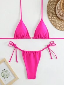 SHEIN Swim Ensemble bikini femme, de couleur unie avec col ras-du-cou et bas en string, parfait pour des vacances à la plage