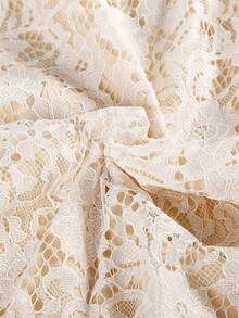 Lace Spaghetti Strap V-Neck Tulle Wedding Dress With Detachable Train And High Waist Long Dress For Bride - Apricot - View 5
