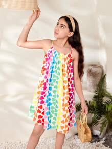 Holiday,Summer,TravelTween Girl Heart Print Casual Strap Dress - Multicolor - View 5