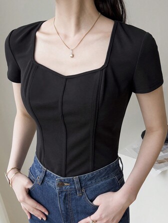 Mulvari 女士純色甜心領夏季短袖T恤