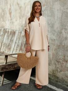 EMERY ROSE 大尺碼女裝時尚純色中袖上衣和長褲套裝 - 杏色 - 查看 7