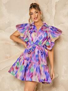 Hauture Nhuộm buộc Ruffle Vai Váy có thắt lưng - Nhiều màu - Xem 1