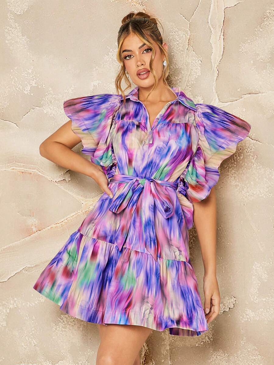 Hauture Nhuộm buộc Ruffle Vai Váy có thắt lưng - Nhiều màu - Xem 1