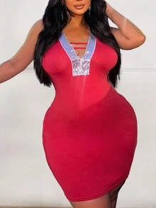 Maweii Plus Size Summer Fashionable Slim Fit Sleeveless Dress With Sequin Patchwork - Red - View 4