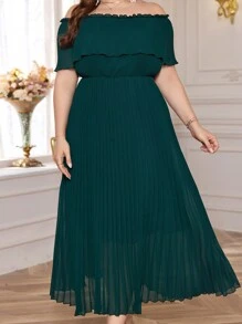 Modelyn Plus Size Elegant Solid Color Off-Shoulder Long Dress With Waist Belt For Summer - Dark Green - View 2