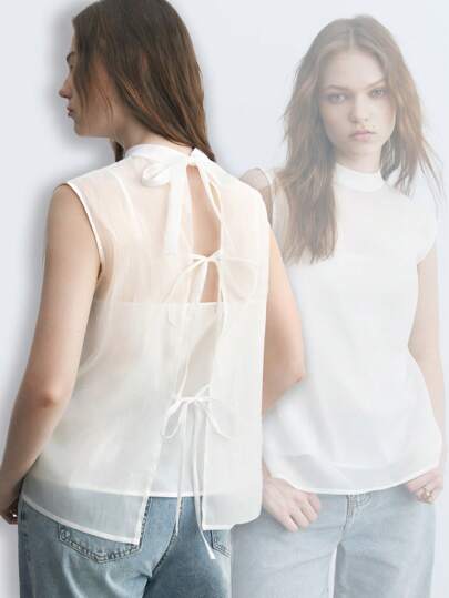 Maija Women's White Sheer Back Bow Tie Decor Sleeveless Simple Elegant Blouse, Spring/Summer
