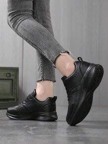 秋冬新款大码轻便皮革休闲鞋、女式跑步鞋、女式慢跑鞋、女式运动鞋、女式平底鞋、女式全黑工作鞋、男式鞋、中性旅行鞋、女式黑色鞋、女式黑色低帮休闲鞋、女式步行鞋、女式运动鞋 - 黑色 - 查看 4