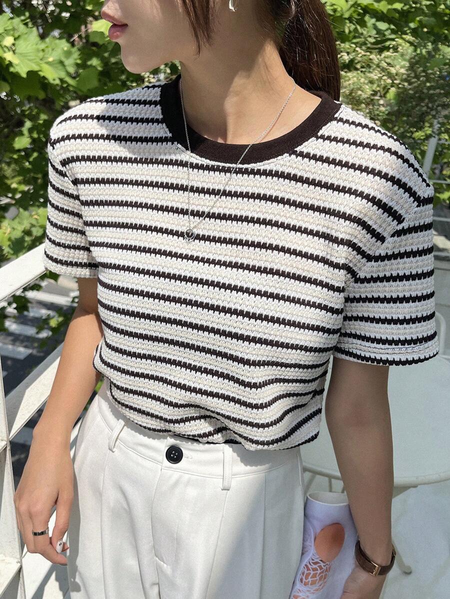 Dazy-Less Women's Colorblock Plaid Short Sleeve T-Shirt Old Money Style Summer Business Casual Woman Work Clothes - Khaki - View 1