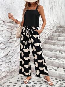 Breezaya Damen einfarbige Camisole Top und geometrisch bedruckte weite Beinkleider lose lässige Urlaub zwei Stück Set