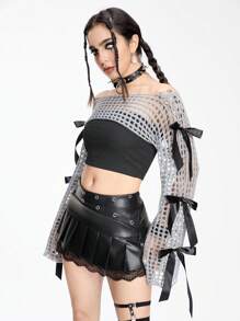 ROMWE Women's Himekaji Dark Goth Bow Decor Cropped Hollow Out Sweater - Grey - View 4