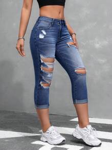 SHEIN EZwear Quần jean nữ dáng ôm vừa vặn thường ngày có viền cuộn, chi tiết rách và đường cắt dài đến mắt cá chân - Màu xanh lam - Xem 1
