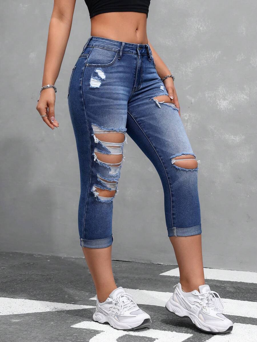 SHEIN EZwear Quần jean nữ dáng ôm vừa vặn thường ngày có viền cuộn, chi tiết rách và đường cắt dài đến mắt cá chân - Màu xanh lam - Xem 1