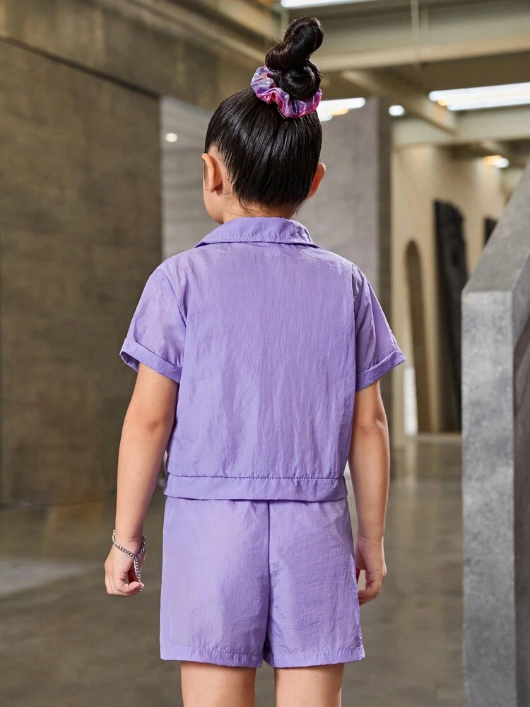 Young Girl Purple Street Cool Workwear Shirt And Shorts Casual Outfit