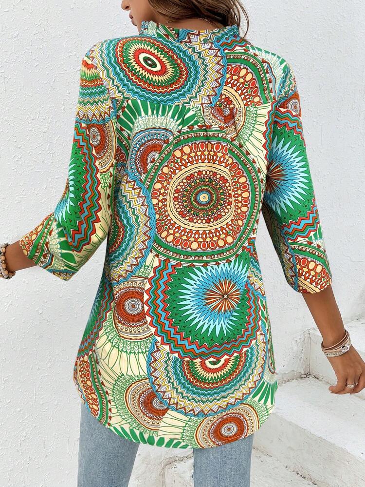 Women's Mandala Printed Ruffle V-Neck Long Shirt