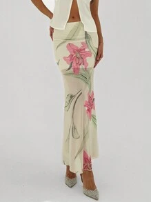 Aloruh Women's Romantic Date Night Printed Sheer Mesh See-Through Low-Waist Bodycon Skirt - Multicolor - View 6