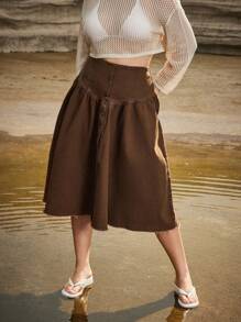 Forever 21 Summer Western Style Plus Size Women's Casual Single-Breasted Skirt For Vacation - Coffee Brown - View 7