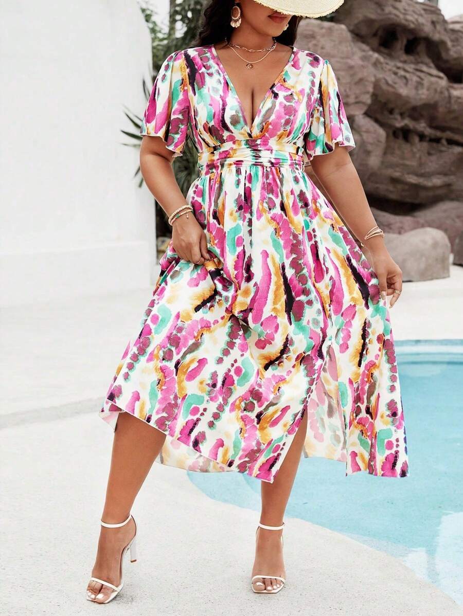 SHEIN Clasi 大尺碼女士綁染印花束腰開叉連衣裙 - 彩色 - 查看 1