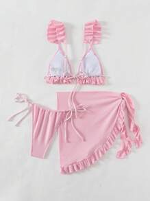 Swim Mod 女士纯色荷叶边比基尼套装，性感两件式比基尼，适合泳池和海滩度假，配有罩裙，夏季海滩装扮 - 粉色 - 查看 5