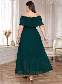 Modelyn Plus Size Elegant Solid Color Off-Shoulder Long Dress With Waist Belt For Summer - Dark Green - View 3