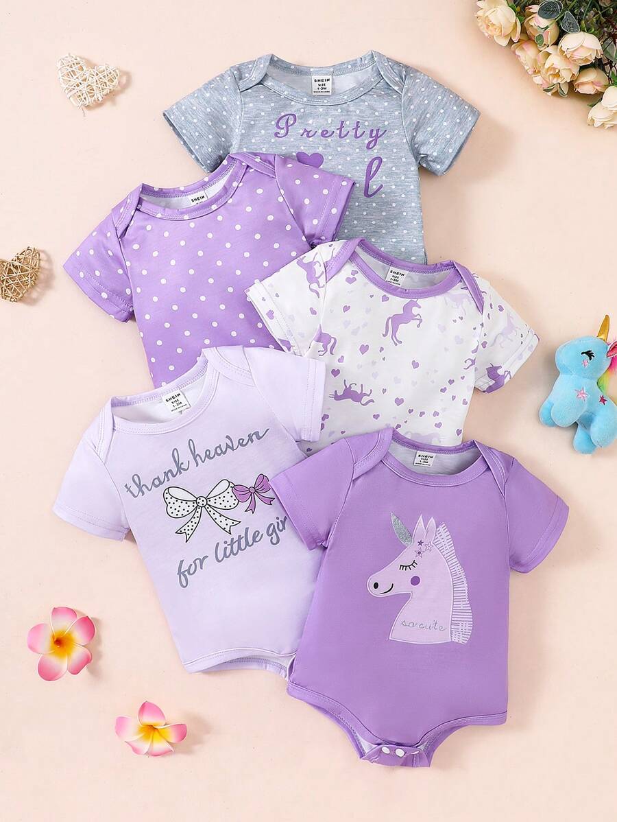 SHEIN Playful Pals 5pcs Newborn Baby Girls Floral Printed Bodysuits Summer Outfits