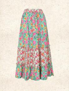 Gonna lunga casual estiva da donna in stile vacanza con stampa di fiori casuali e applicazioni - Multicolore - Visualizzare 5