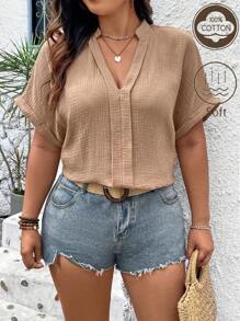 SHEIN LUNE Plus Size Cho Nữ Màu Trơn Đỉnh Chữ V Rời Tay Cánh Dơi Ngắn Tay Áo Sơ Mi Thường Ngày Cho Mùa Hè - Lạc đà - Xem 1