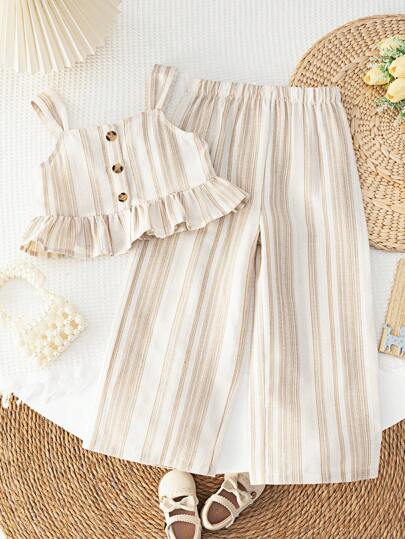 SHEIN LMoss Kids LMoss Young Girl Woven Striped Tank Top And Loose Casual Pants Set