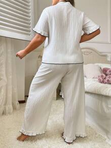 Plus Size Color-Block Piping Trim Front Tie Short Sleeve Top And Long Pants Pajama Set, Spring/Summer