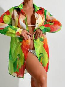 SHEIN Swim Women Allover Print Full Button Front Long Sleeve Kimono Cover Up With Collar,Summer Beach