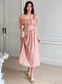 DAZY Robe d'été à manches volantées de couleur unie à la mode pour femmes, robe longue d'automne - Rose bonbon - Voir 7