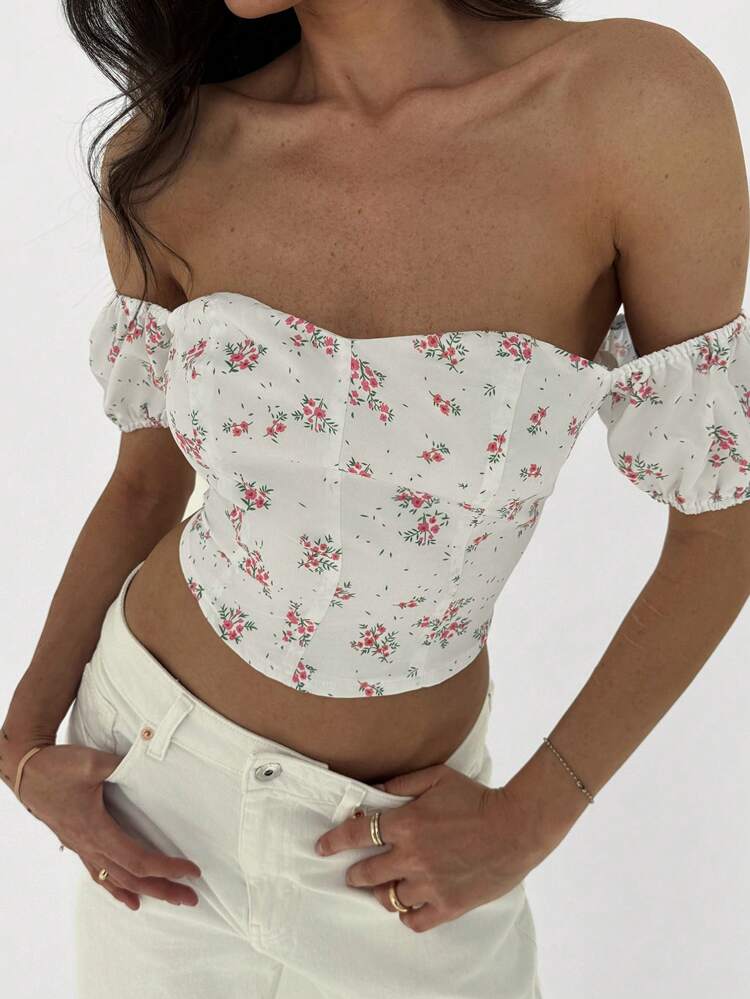 Women's Sweetheart Off-Shoulder Puff Sleeve Ditsy Floral Cropped Corset Top For Summer Romantic Dating