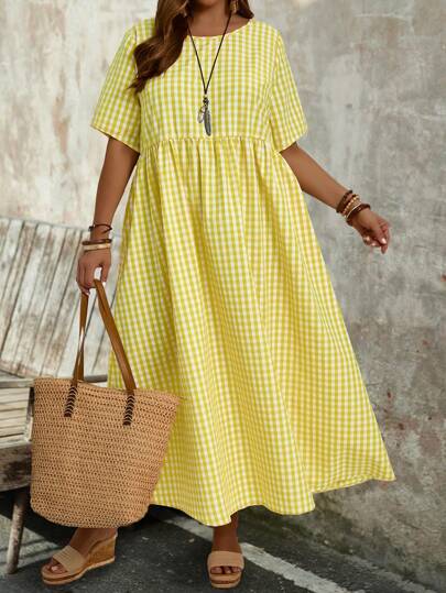 EMERY ROSE Plus Size Women's Summer Yellow Plaid Round Neck Short Sleeve Loose Long Cute Doll Dress With Pockets,Spring/Vacation