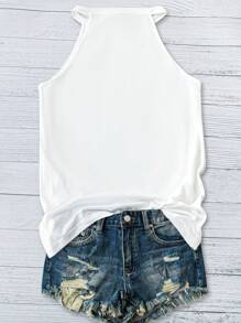 SHEIN LUNE 女士花卉圖案緊身領口背心，適合夏季穿著 - 白色 - 查看 2