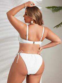 SHEIN Swim Curve 大码女式纯色比基尼套装，带褶边细节，性感度假套装，大码夏季泳装 - 彩色 - 查看 2